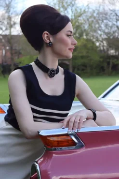 New Lovely Audrey Jet Flower Halskette In Schwarz Und Silber