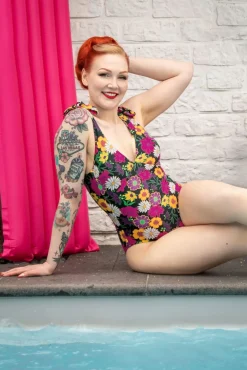 Hot TC Beach Bow Flower Power Badeanzug In Schwarz