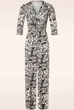 Cheap Vintage Chic for Topvintage Lina-Leaf Print Jumpsuit In Schwarz